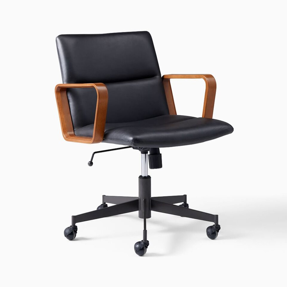 Cooper Leather Swivel Office Chair w/ Wood Arms West Elm UK